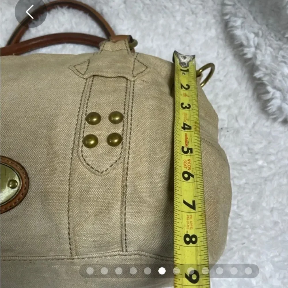 Fossil long live vintage khaki burlap Boston bag with leather tan straps .